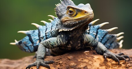 Fototapeta premium A black and white photograph shows an African frilled lizard with scales in patterns of blue, green or yellow, resembling the coloration on some birds' feathers