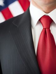 US-Wahl 2024, konservativer Amerikanischer Patriot im Anzug vor USA-Flagge, Politische Kampagne Republikanischer Wahlkampf Politik Amerika