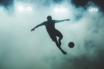 Naklejka premium A person kicking a soccer ball in mid-air, with blurred background