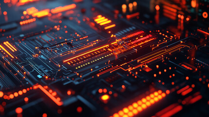 Obraz premium Futuristic Circuit Board with Glowing Orange Elements