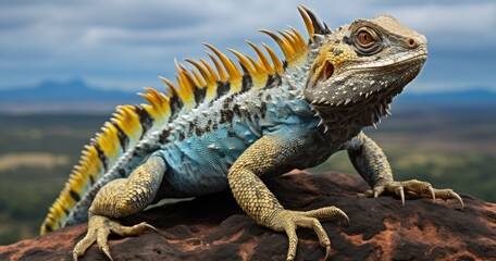 Obraz premium A black and white photograph shows an African frilled lizard with scales in patterns of blue, green or yellow, resembling the coloration on some birds' feathers