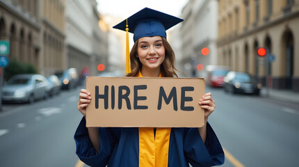 Female student wearing a graduation gown and a cap, young teenage girl standing on a city street and holding up a sign with text "HIRE ME." Looking for a job with a degree, career after college.