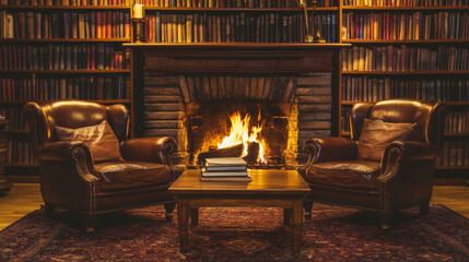 Cozy Reading Nook: A Warm Retreat with Leather Chairs, a Crackling Fire, and a Shelving Wonderland of Books for the Perfect Escape