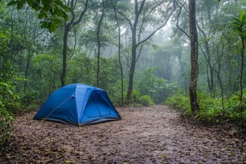 Blue Tent in a Misty Forest