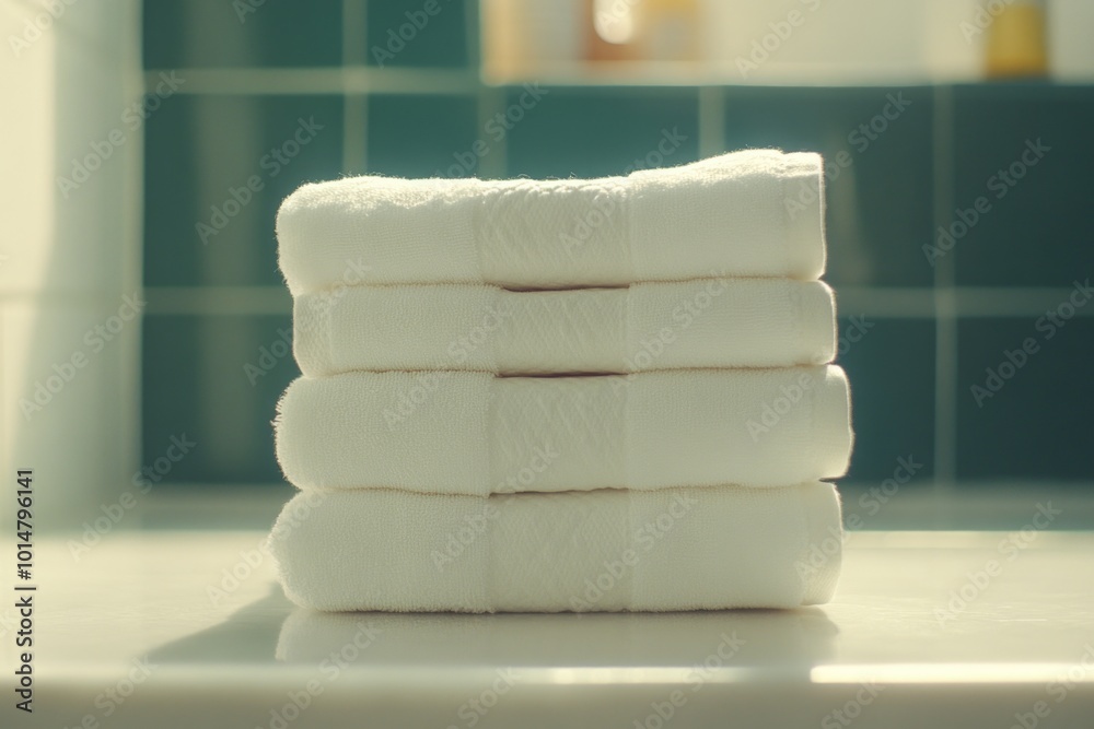 Poster stack of white towels on a countertop