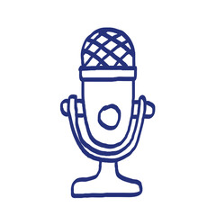Microphone sketch. Podcast or music item. Hand drawn vector icon. Blue pen or marker drawing. Primitive kids picture