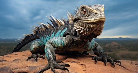 Obraz premium A black and white photograph shows an African frilled lizard with scales in patterns of blue, green or yellow, resembling the coloration on some birds' feathers