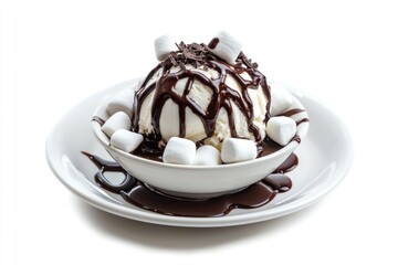 A delicious looking bowl of ice cream with marshmallows and chocolate sauce, perfect for a sweet treat