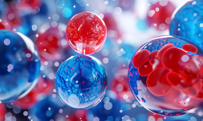 Red and blue molecules float in scientific visualization, particles interacting at microscopic level, symbolizing chemistry, biology, and research studies