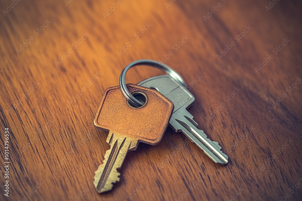 Poster a collection of keys arranged on a wooden surface, ideal for use in illustrations about organization