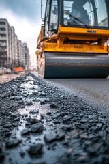 A construction vehicle drives down the road next to an active construction site