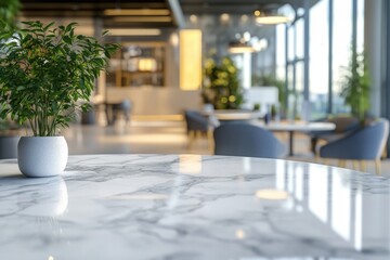 A single potted plant sits atop a white marble table, perfect for interior design or decorating inspiration