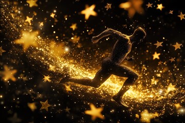 Fototapeta premium A person runs through a field of shining gold stars, a unique and magical setting