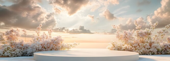 5. A calming image of a simple podium in a serene natural setting, with a pastel sky and fluffy clouds overhead, complemented by gentle foliage and flowers, providing a perfect stage for showcasing