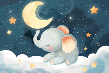 Fototapeta premium Cute illustration of a baby elephant sitting on clouds, surrounded by stars and a crescent moon in a dreamy night sky.