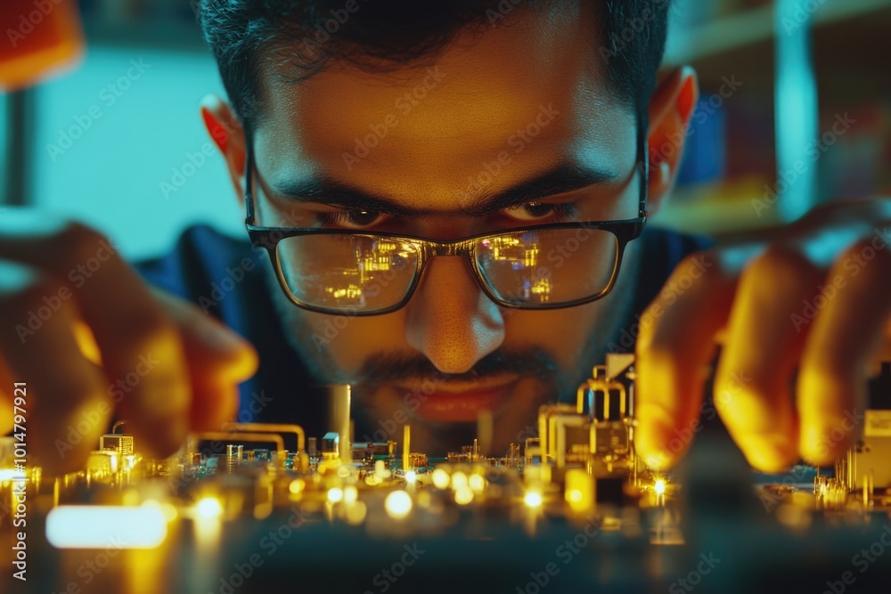 Fototapete close-up of a person assembling and testing an electronic component