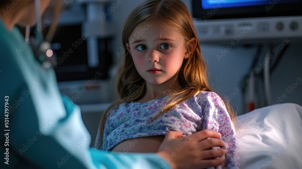 Wall mural A young girl lying in a hospital bed, receiving medical attention