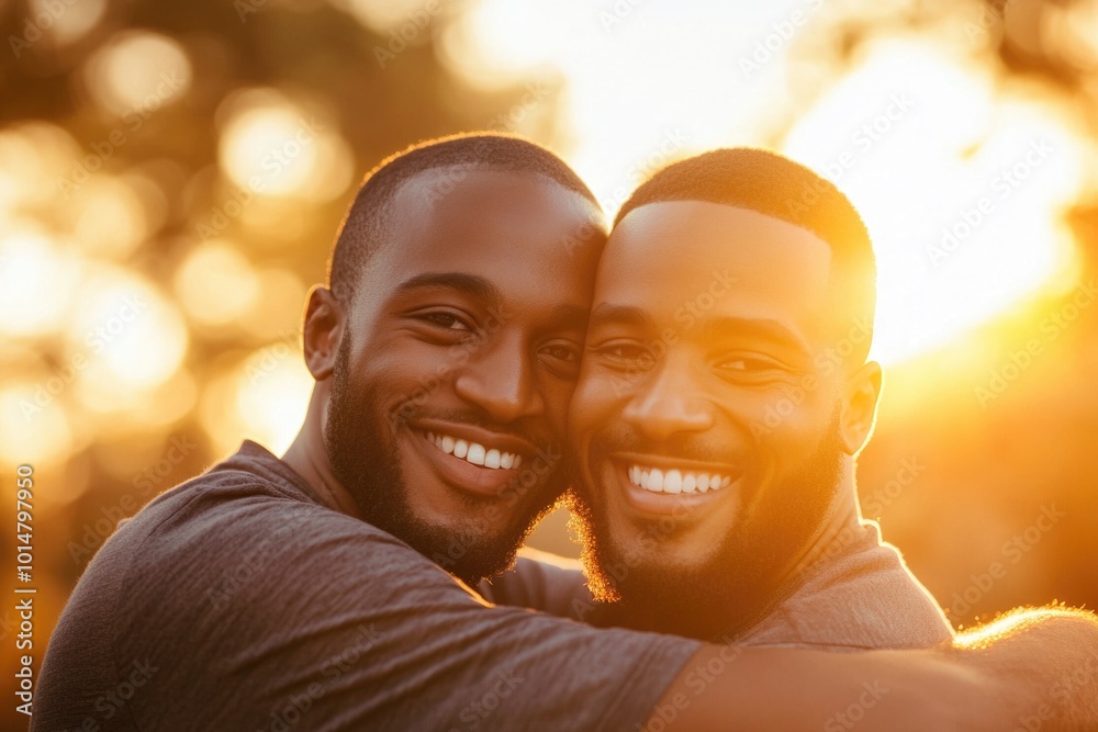 Canvas Prints Two men embracing outdoors during a beautiful sunset