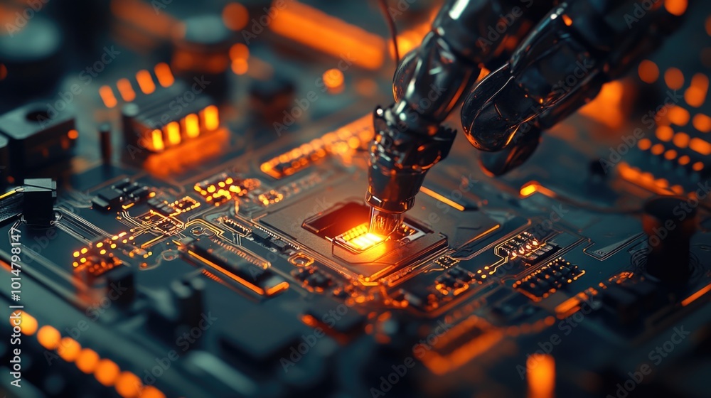 Poster A close-up view of a circuit board with a finger placed on it, ideal for technology and innovation-related projects