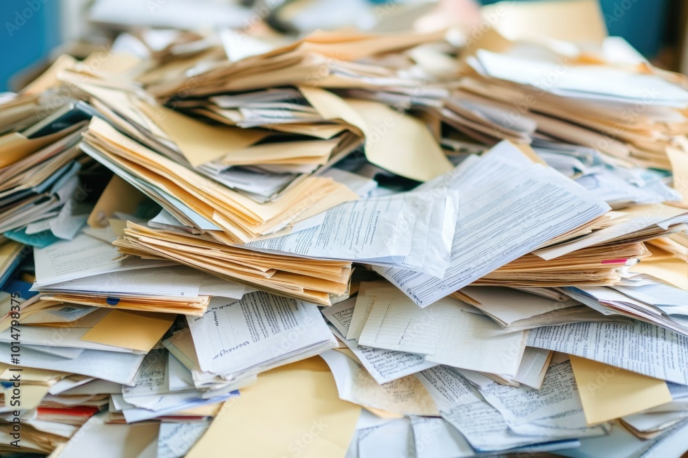 Poster a stack of envelopes and letters sitting on a table, possibly awaiting attention