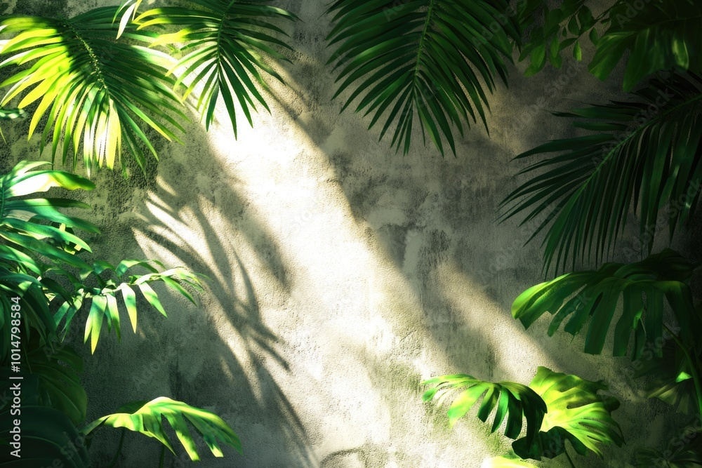 Poster a bright and airy image with sunlight filtering through the leaves of palm trees