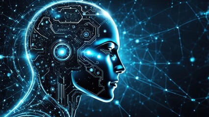 A futuristic digital representation of a human head with circuit patterns and glowing elements.