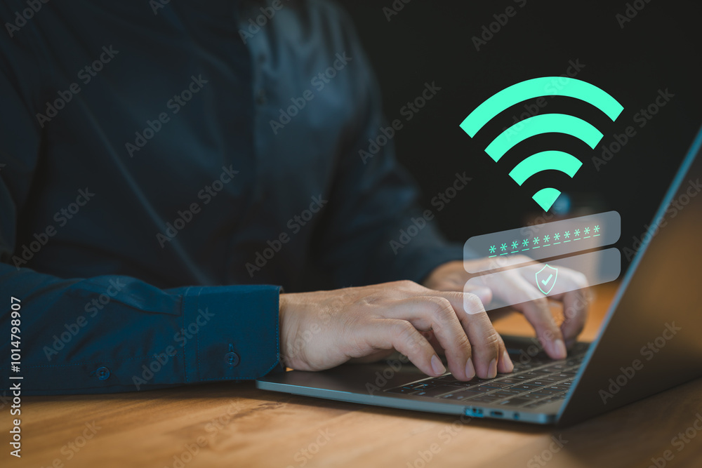 Poster User logs into a laptop computer using a Wi-Fi connection, entering a username and password. Technology concept of emphasizes internet access, online security, and personal data protection.