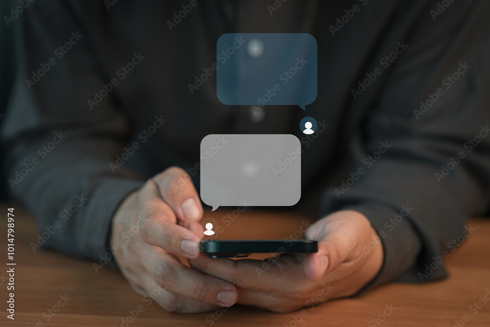 Fototapete social media application chat box.person using a smartphone with social media, typing live chat chat