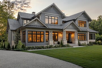 Obraz premium Exterior design of a home with matte gray accents, traditional architecture, including granite and cedar details, sweeping windows, chalk roof trim, a gravel driveway, and a well-maintained front lawn