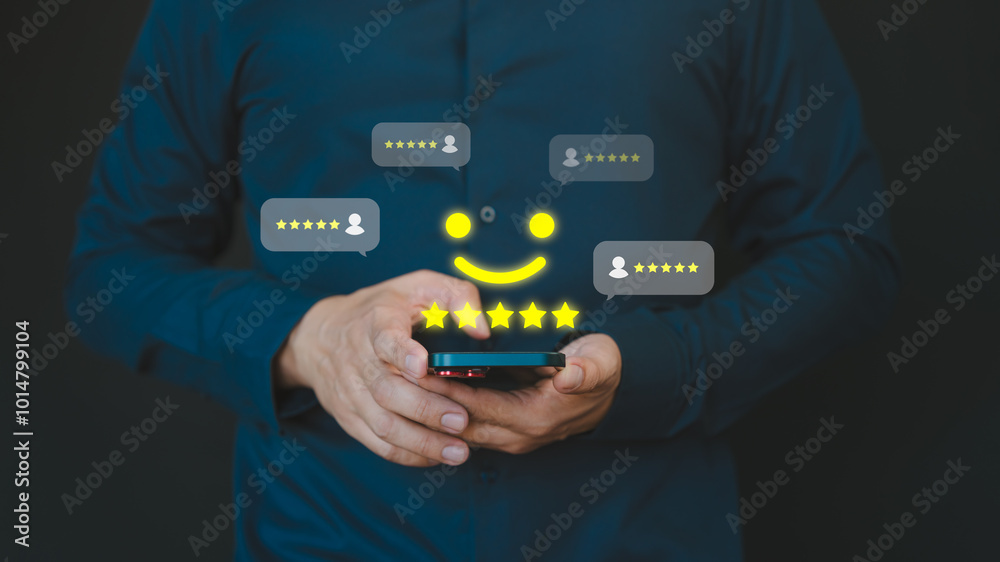 Poster person using a smartphone, giving a five-star rating and a happy face icon. business service custome