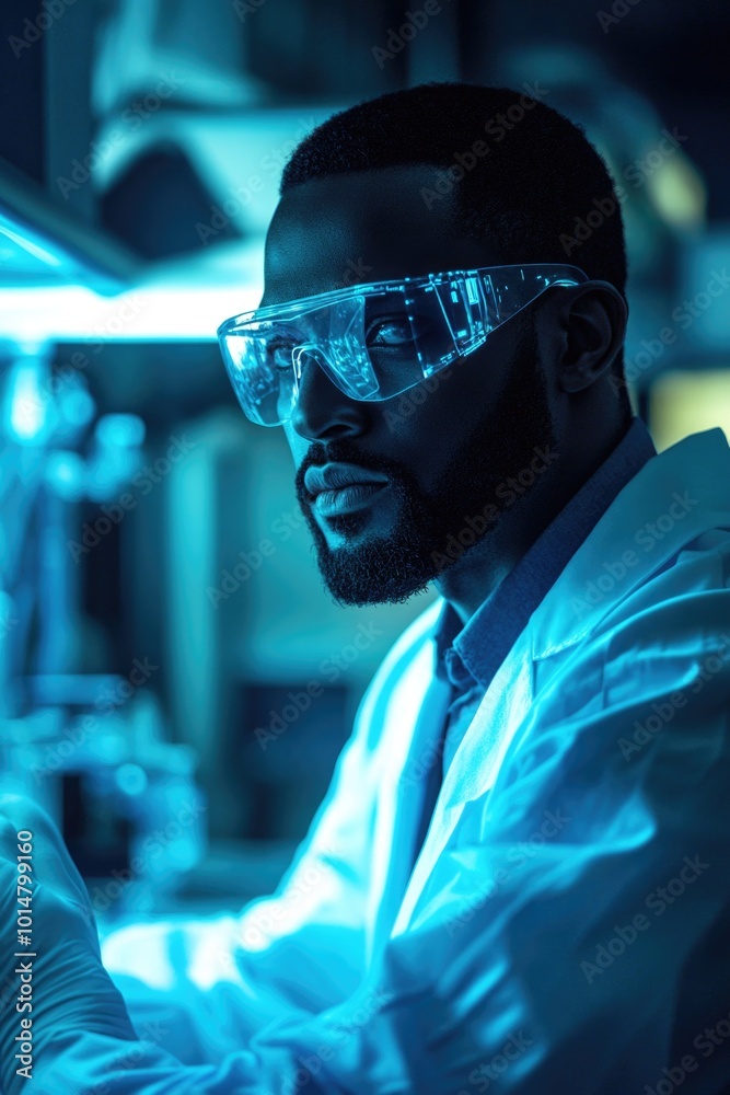 Poster a scientist in a lab coat and goggles holding a pipe, likely used for experimentation or research