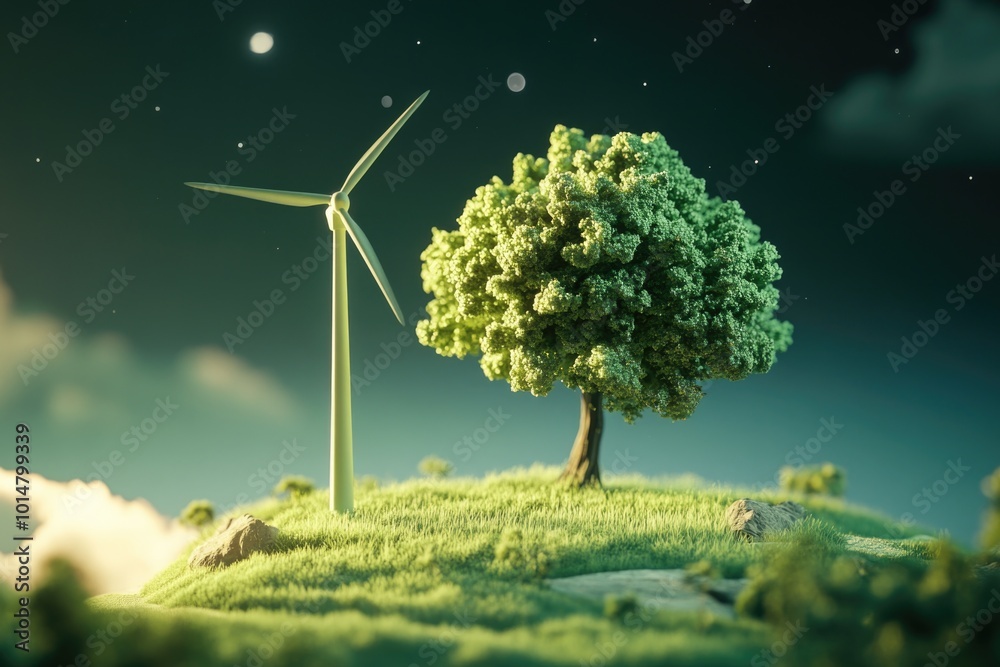 Poster a tree stands tall on a hill, with a wind turbine visible in the background