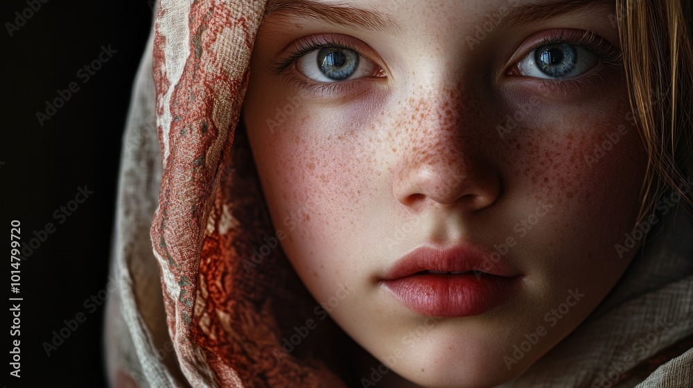 Poster close-up shot of a young girl's face showing freckles and a cheerful expression
