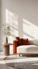 This serene living room features colorful Nordic design furniture, allowing natural light to create playful shadows on the walls while a vase of greenery adds a touch of freshness to the decor.