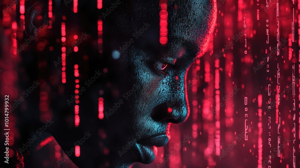 Poster a person is standing in a dimly lit room with only red lights for illumination