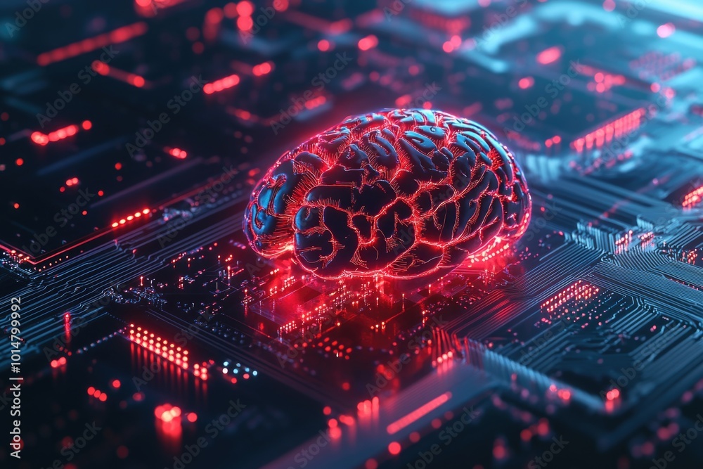 Poster High-tech electronic components and a futuristic glowing brain component on a computer motherboard