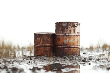 Obraz premium Two old barrels stuck in muddy terrain, with overgrown vegetation around