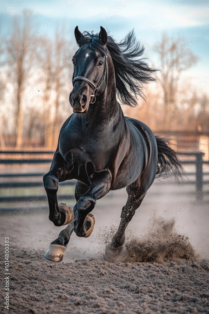 Canvas Prints A black horse gallops through a sandy terrain