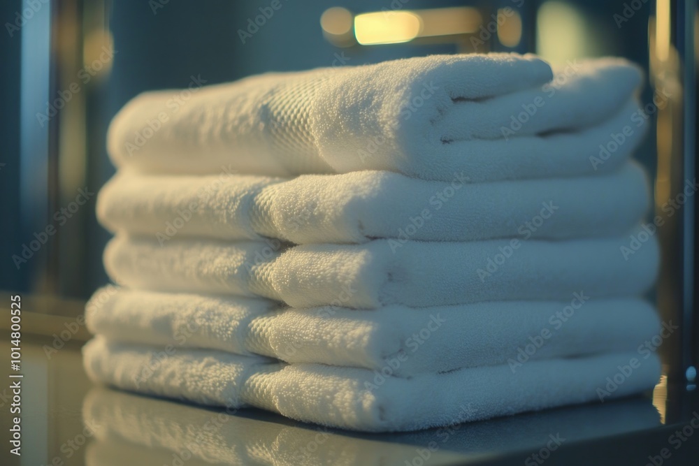 Poster a stack of white towels sits on top of a counter