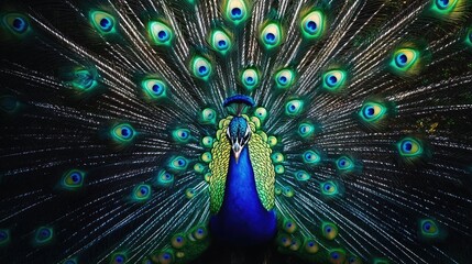 Obraz premium A vibrant peacock showcasing its full tail, each feather sparkling with diamonds, creating an opulent and breathtaking scene