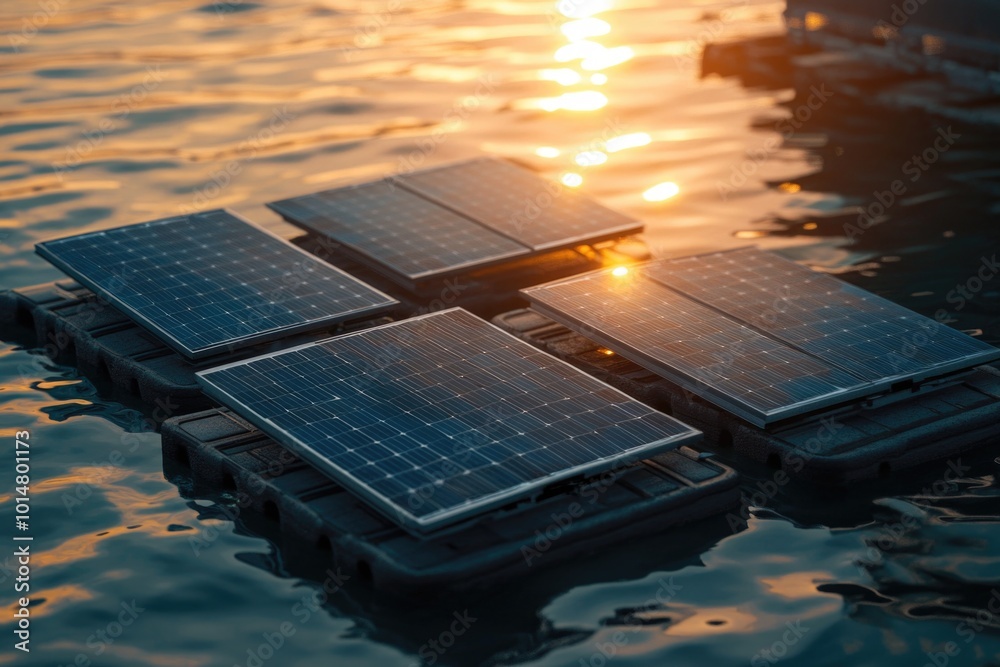 Aufkleber floating solar panels on the surface of a body of water, a unique and innovative way to generate ene