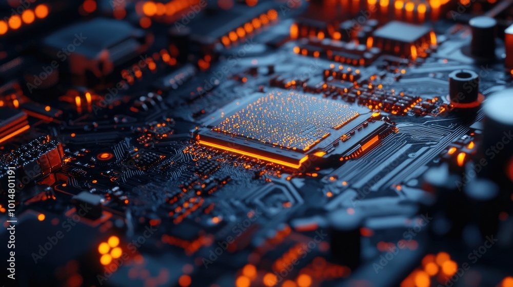 Poster A detailed view of a computer motherboard, ideal for use in technology-related contexts or as an illustration