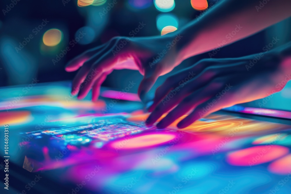Poster Close-up view of a person typing on a laptop, focused on the keyboard and screen