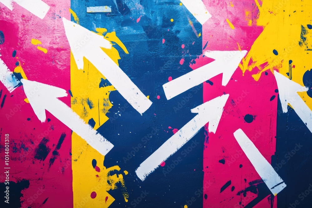 Poster a vibrant wall featuring arrows painted in different colors and directions, great for use as a visua
