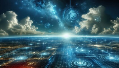 A futuristic digital landscape with a glowing horizon and abstract circular patterns.