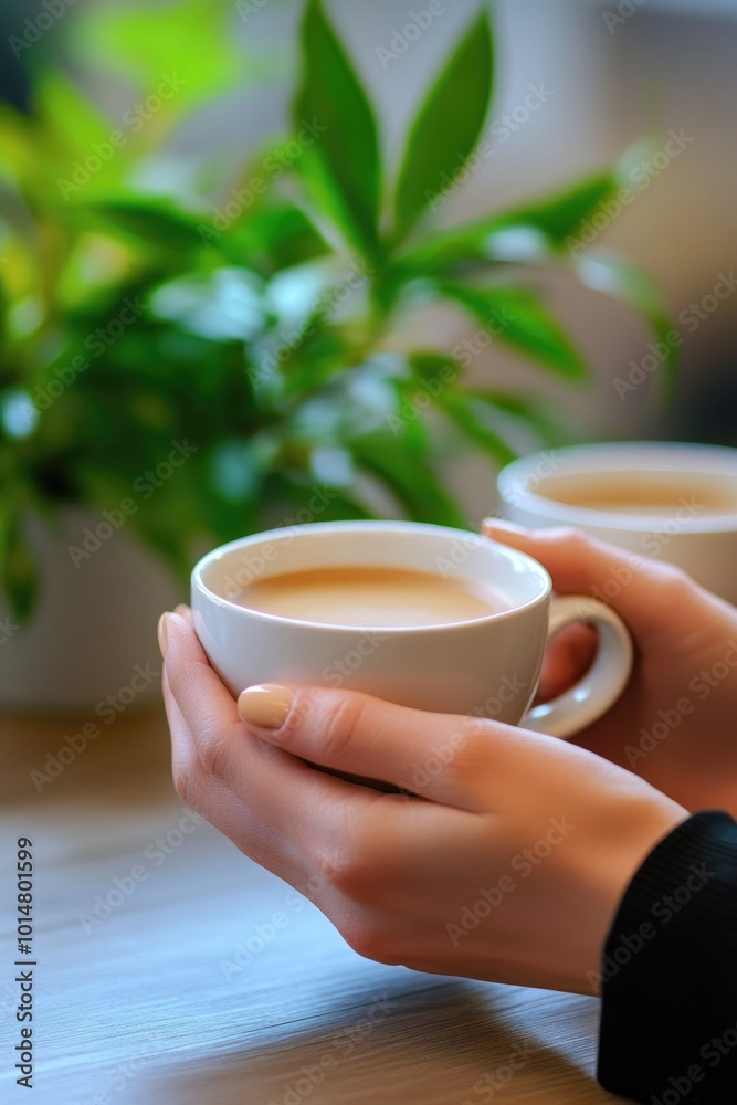 Poster a person holds two cups of coffee on a table, perfect for morning routine or office setting