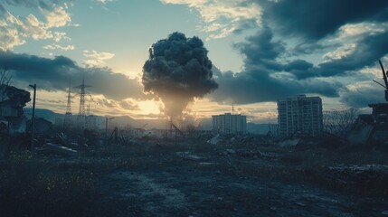 Fototapeta premium A large cloud of smoke rises over a city, ideal for use in environmental or pollution-related contexts