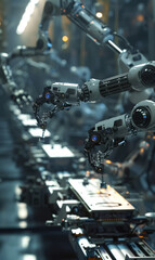 Fototapeta premium high-tech factory with robotic arms working on assembly line, precision, efficiency, and innovation of modern automated manufacturing