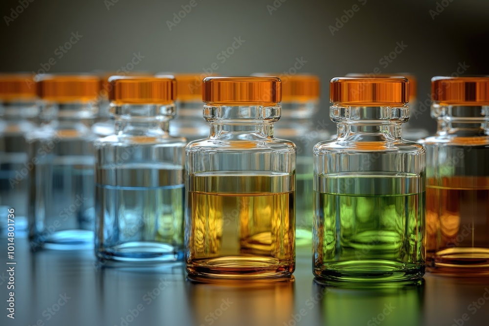 Aufkleber a collection of small glass bottles filled with various colored liquids, great for use in science or