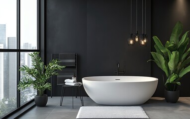 Modern black bathroom with freestanding tub.